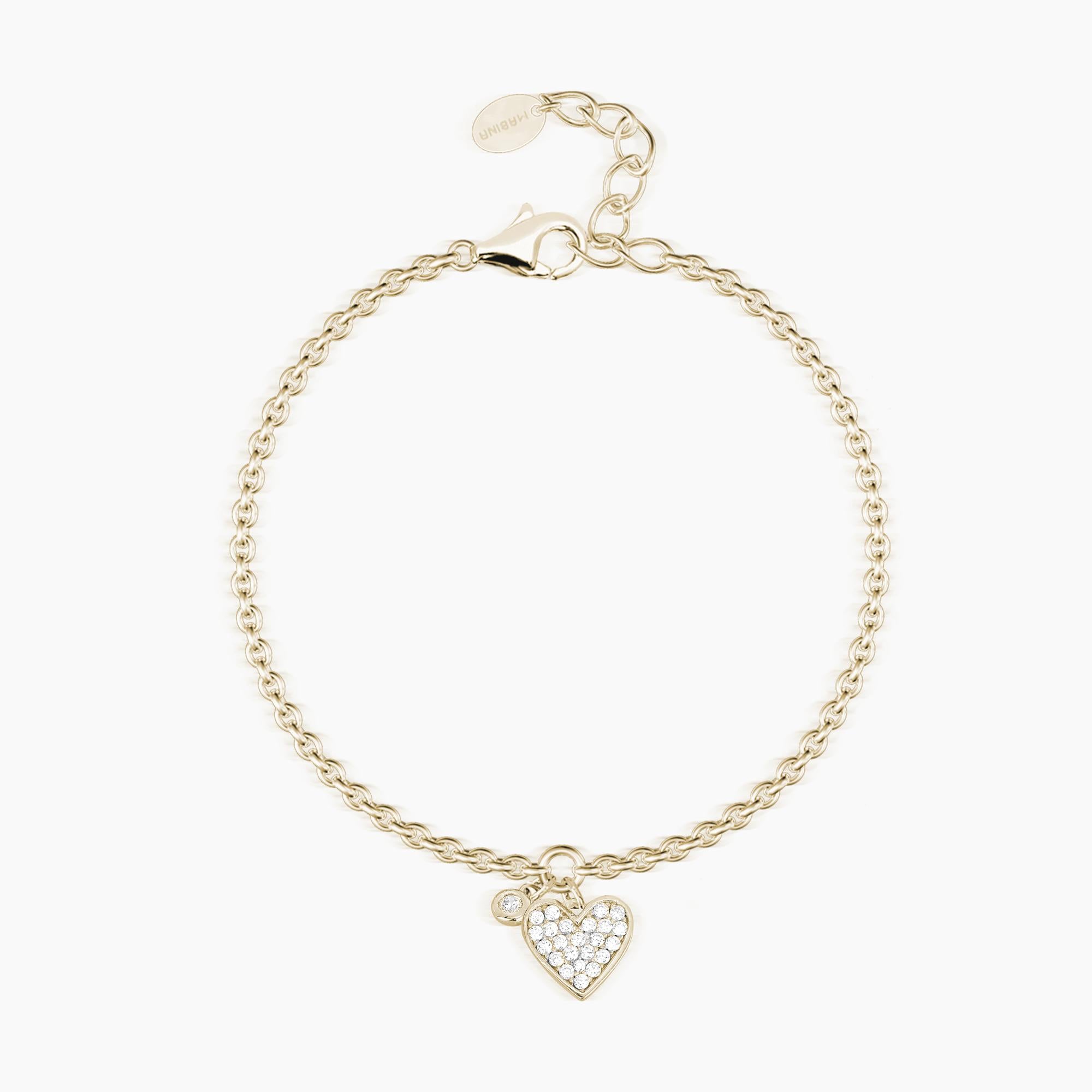 Bracciale in argento placcato oro con ciondolo cuore in pavé di zirconi