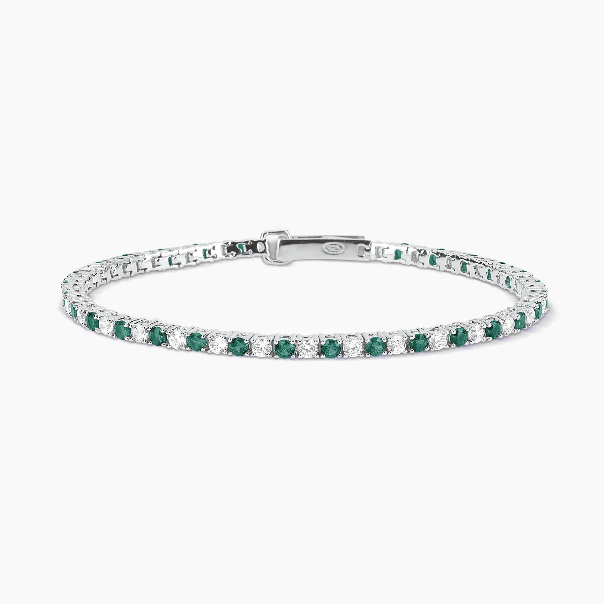 Bracciale tennis in argento con smeraldi sintetici e zirconi
