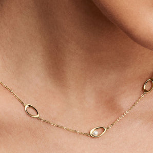 Collana Ovali Linea Sinuosa e Perla D'Acqua Dolce Coltivata Placcatura in Oro 14k