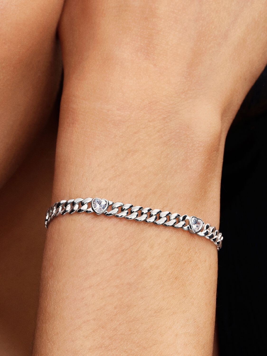 Bracciale Pandora Catena Maglia Cubana con Cuori Argento Sterling 925