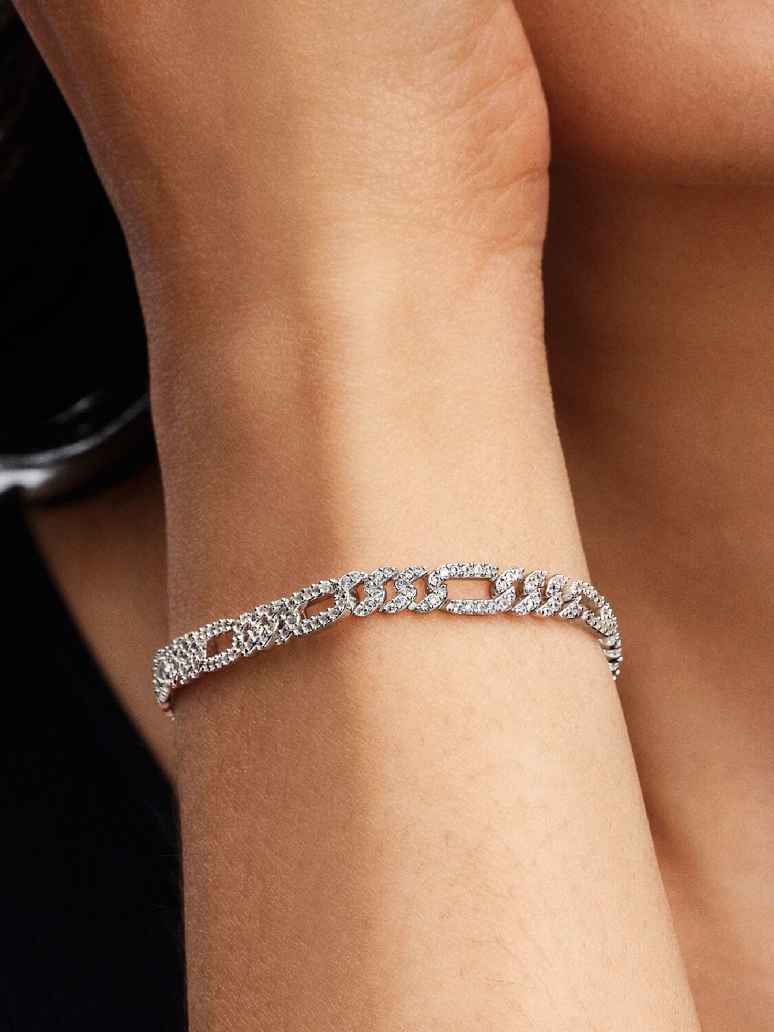 Bracciale Pandora Catena Maglia Cubana Pavè con Ovali Argento Sterling 925