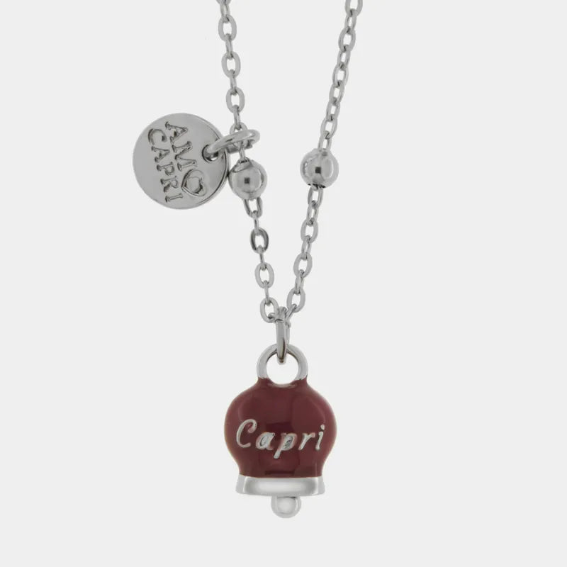Collana in Acciaio con campanella pendente borgogna con scritta Capri 4