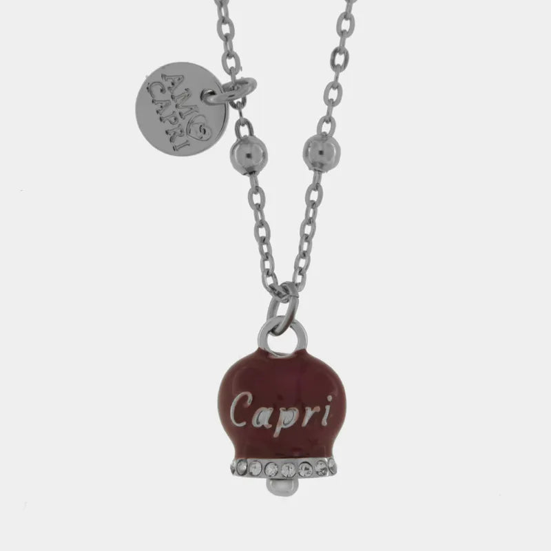 Collana in Acciaio con campanella borgogna con scritta Capri