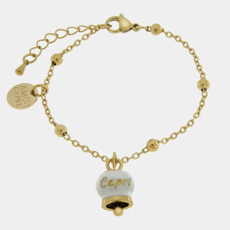 Bracciale in Acciaio con campanella pendente bianca e oro con scritta Capri