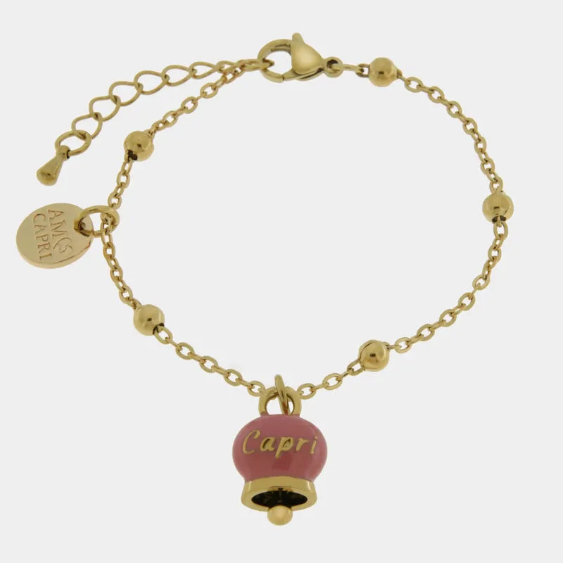 Bracciale in Acciaio con campanella pendente rosa con scritta Capri