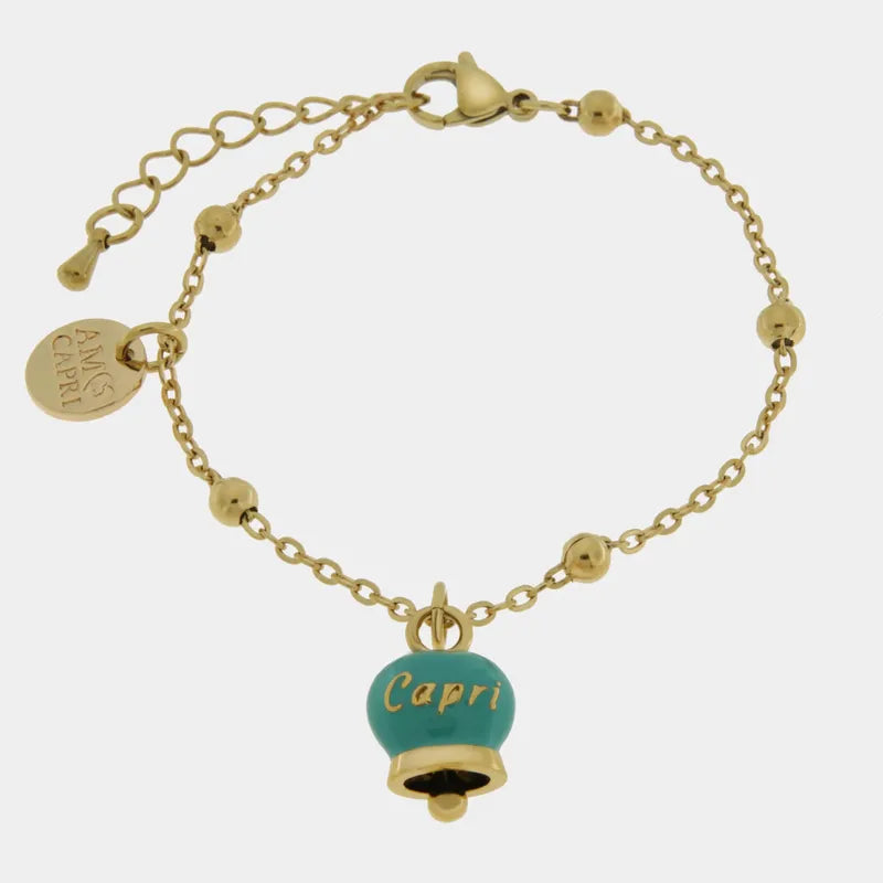 Bracciale in Acciaio con campanella pendente verde con scritta Capri