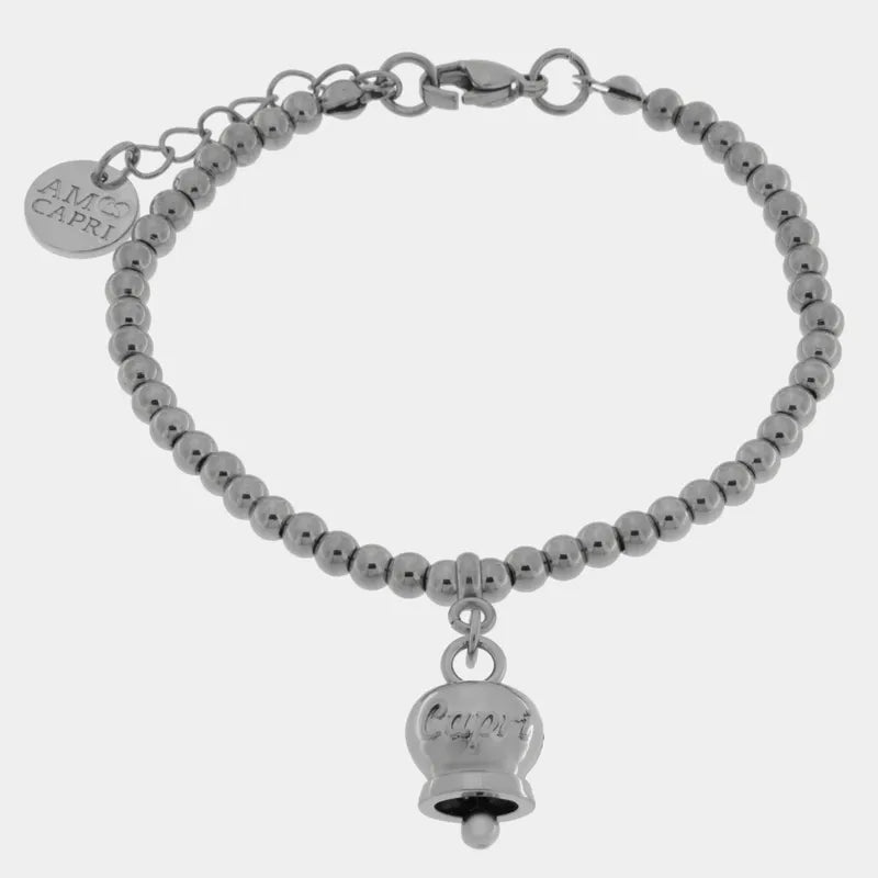 Bracciale in Acciaio a perline con campanella pendente con scritta Capri
