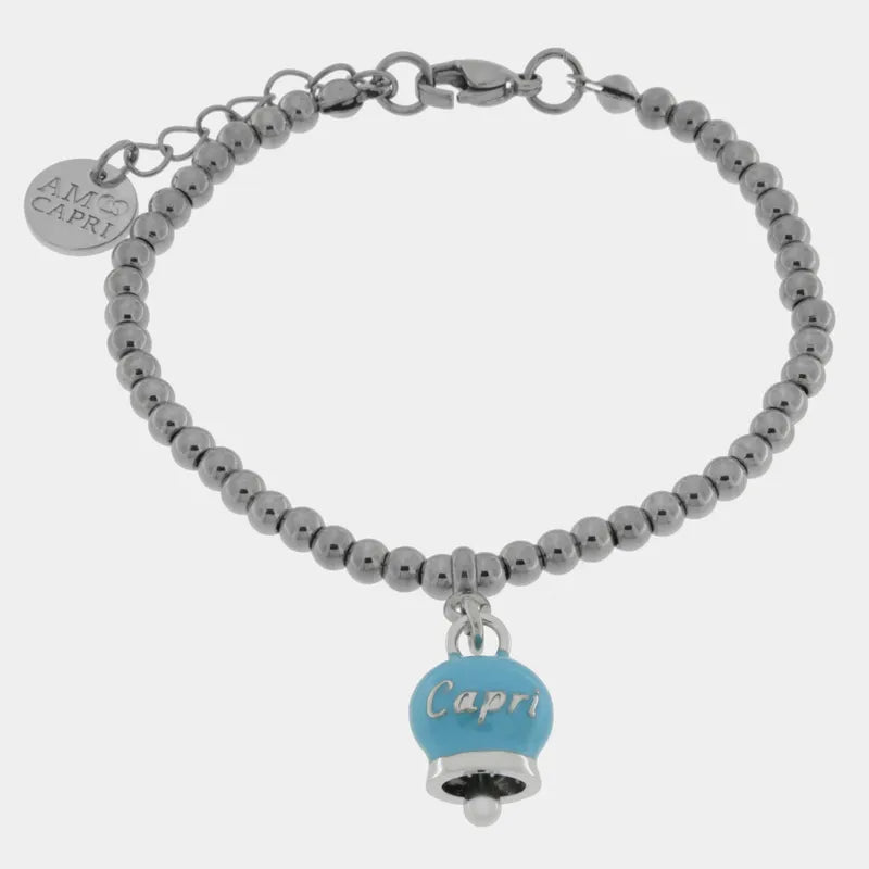 Bracciale in Acciaio con campanella pendente azzurra con scritta Capri