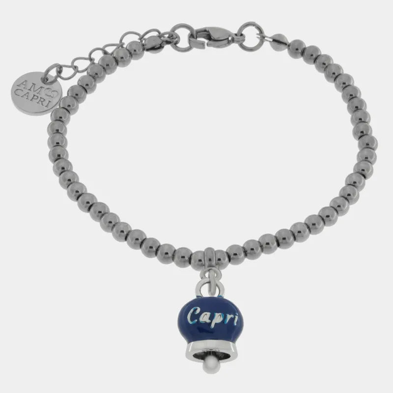 Bracciale in Acciaio con campanella pendente blu con scritta Capri