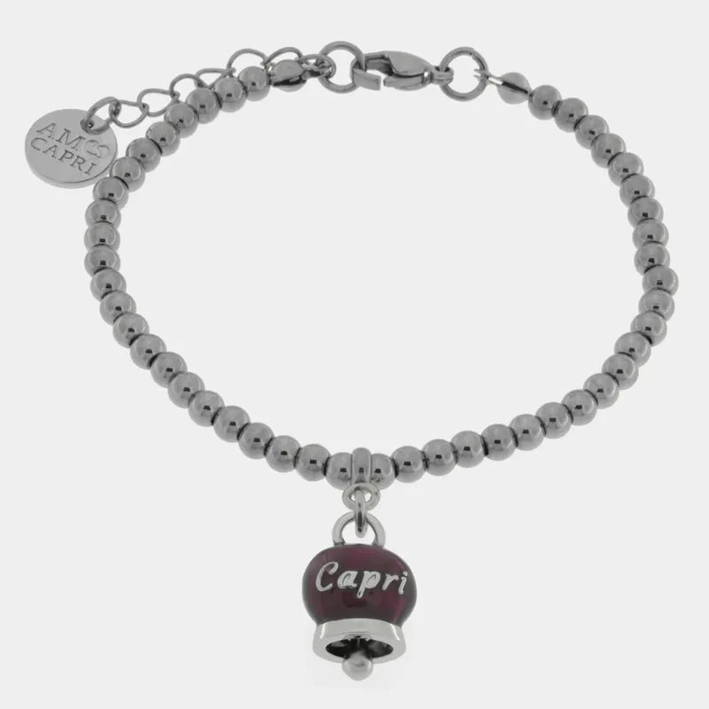 Bracciale in Acciaio con campanella pendente borgogna con scritta Capri