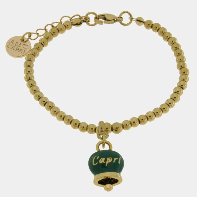 Bracciale in Acciaio con campanella pendente verde con scritta Capri