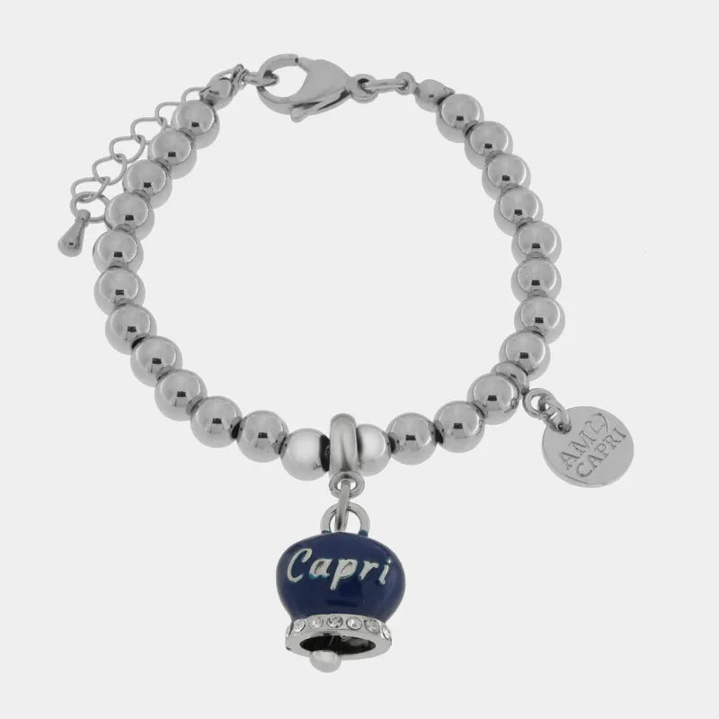 Bracciale in Acciaio con campanella pendente azzurra con scritta Capri