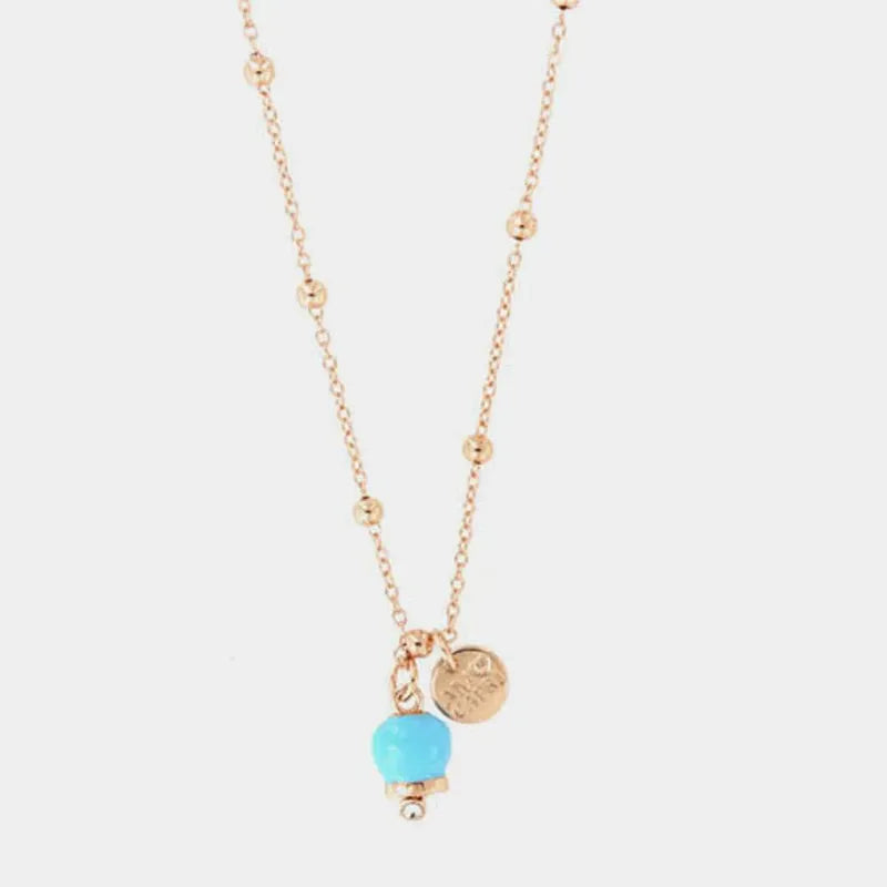 Collana in Metallo con campanella portafortuna pendente, impreziosita da smalto turchese e cristalli