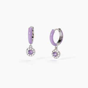 Orecchini a cerchio in argento con smalto viola e ametista sintetica