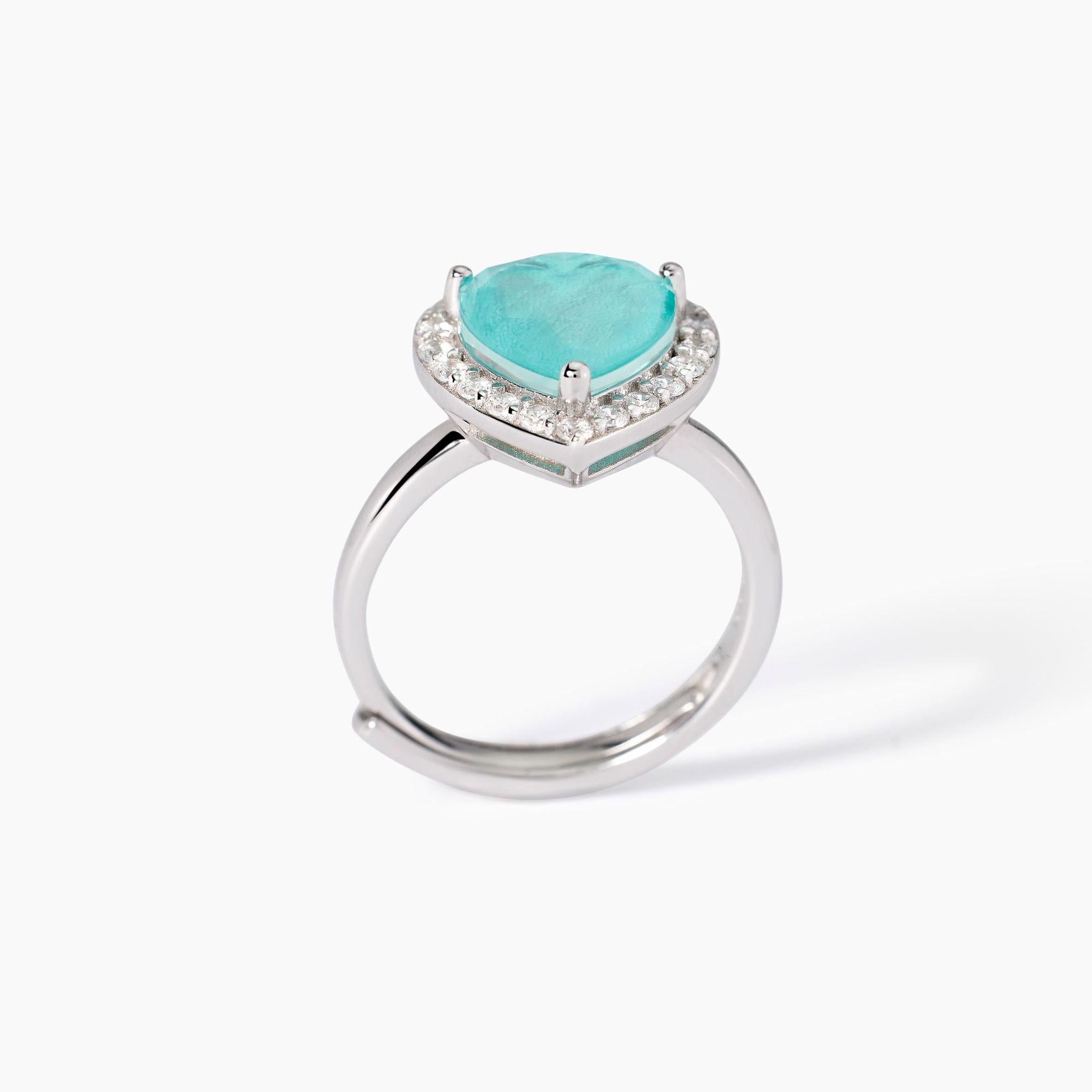 Anello in argento con cuore in glass azzurro e zirconi