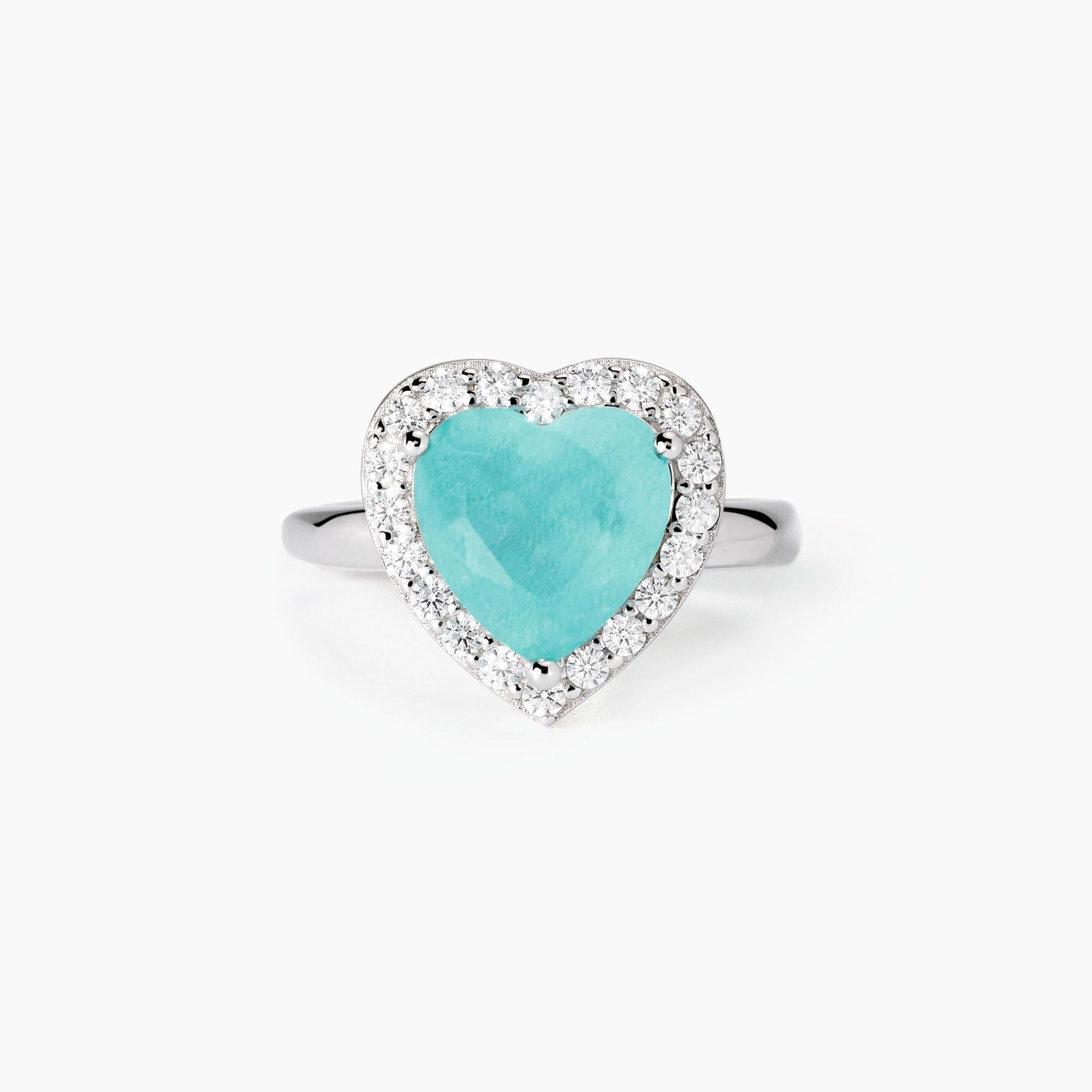 Anello in argento con cuore in glass azzurro e zirconi