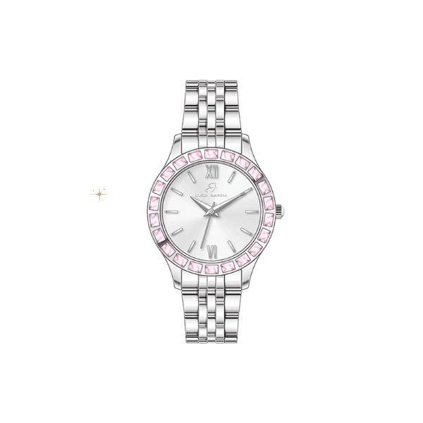 OROLOGIO DONNA IN ACCIAIO GHIERA CRISTALLI ROSA
