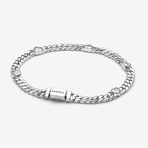 Bracciale Pandora Catena Maglia Cubana con Cuori Argento Sterling 925
