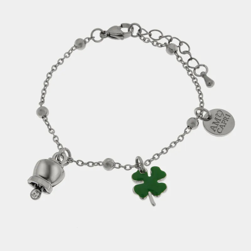 Bracciale in Acciaio con quadrifoglio pendente e campanella portafortuna con punto luce