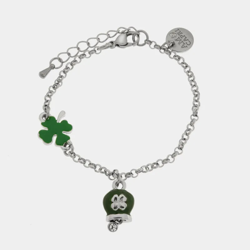 Bracciale in Acciaio con quadrifoglio e campanella verde con quadrifoglio