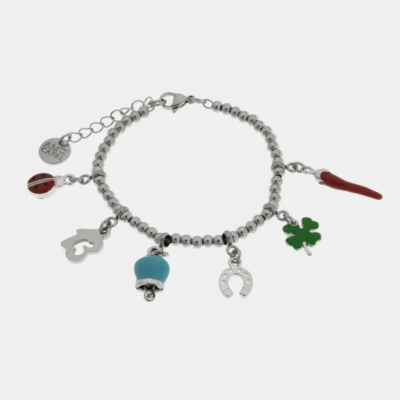Bracciale in Acciaio con corno napoletano, quadrifoglio, coccinella, campanella capri