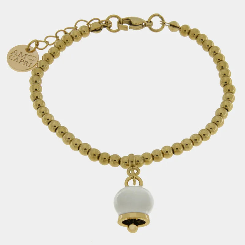 Bracciale in Acciaio maglia a sfere con campanella portafortuna bianca e oro