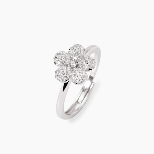 Anello in argento rodiato con fiore e zirconi