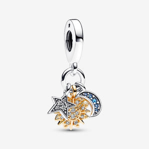 Charm Pendente Stella, Sole e Luna Argento Sterling 925, Placcatura in Oro 14k