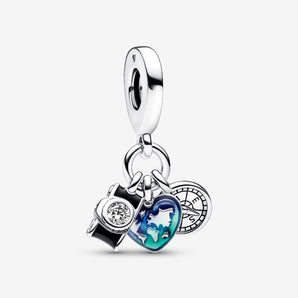 Charm Pendente Fotocamera, Cuore e Bussola Argento Sterling 925