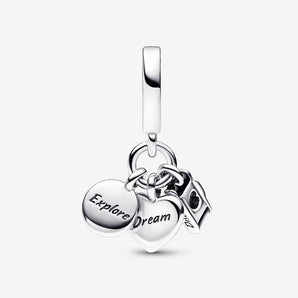 Charm Pendente Fotocamera, Cuore e Bussola Argento Sterling 925