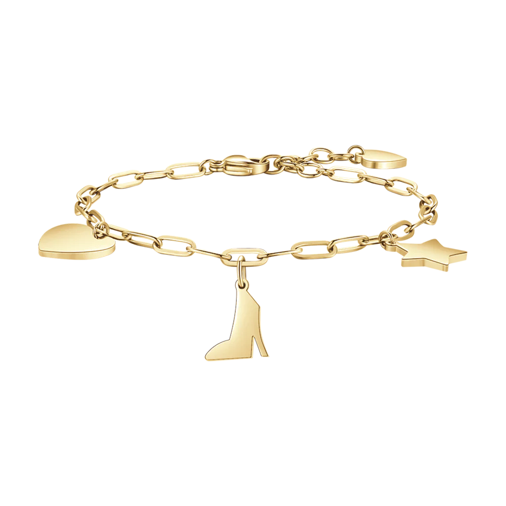 BRACCIALE DONNA IN ACCIAIO DORATO CON CUORE, SCARPA E STELLA