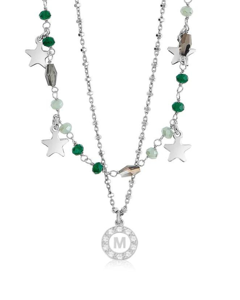 Dvccio girocollo Iris argento 925 rodiato cristalli verdi lettera M