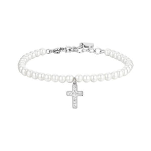 BRACCIALE DONNA IN ACCIAIO PERLE SINTETICHE E CROCE