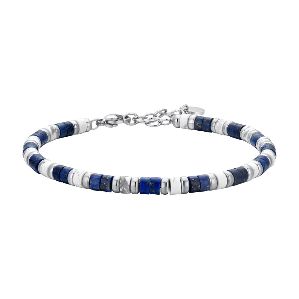 LUCA BARRA- Bracciale da uomo in acciaio con pietrine e schedine blu e bianco
