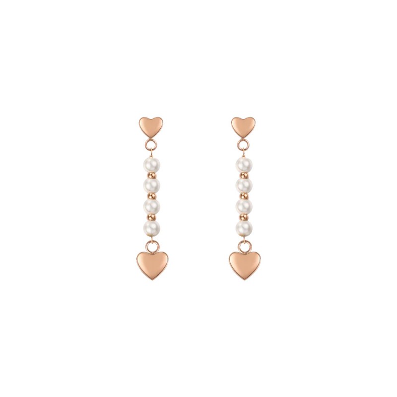 Orecchini Donna Luca Barra  In Acciaio IP Rosé Con Cuore E Perline Bianche