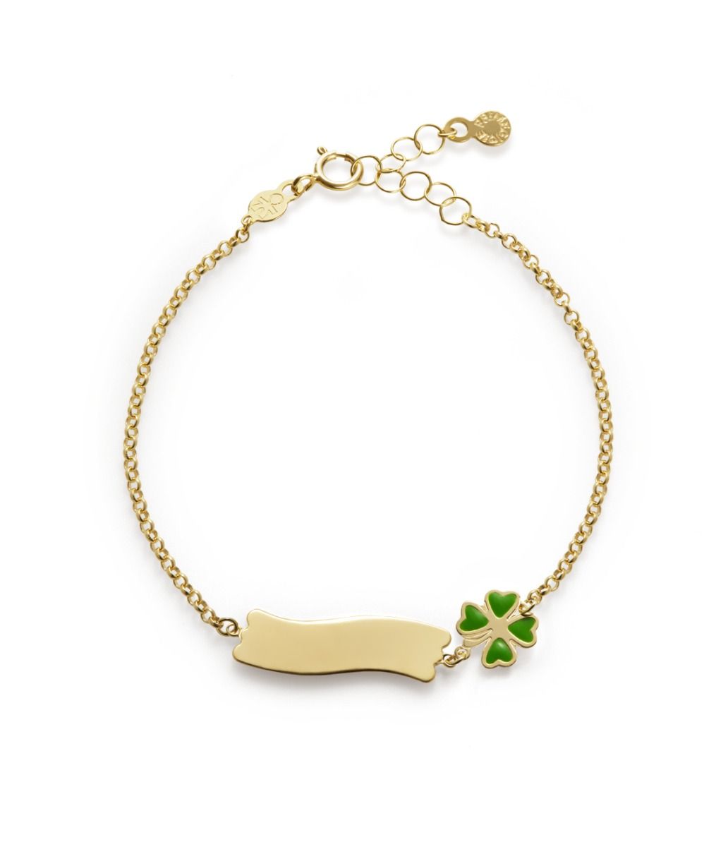 Bracciale Fortuna con quadrifoglio e targhetta in oro giallo / Le Bebè